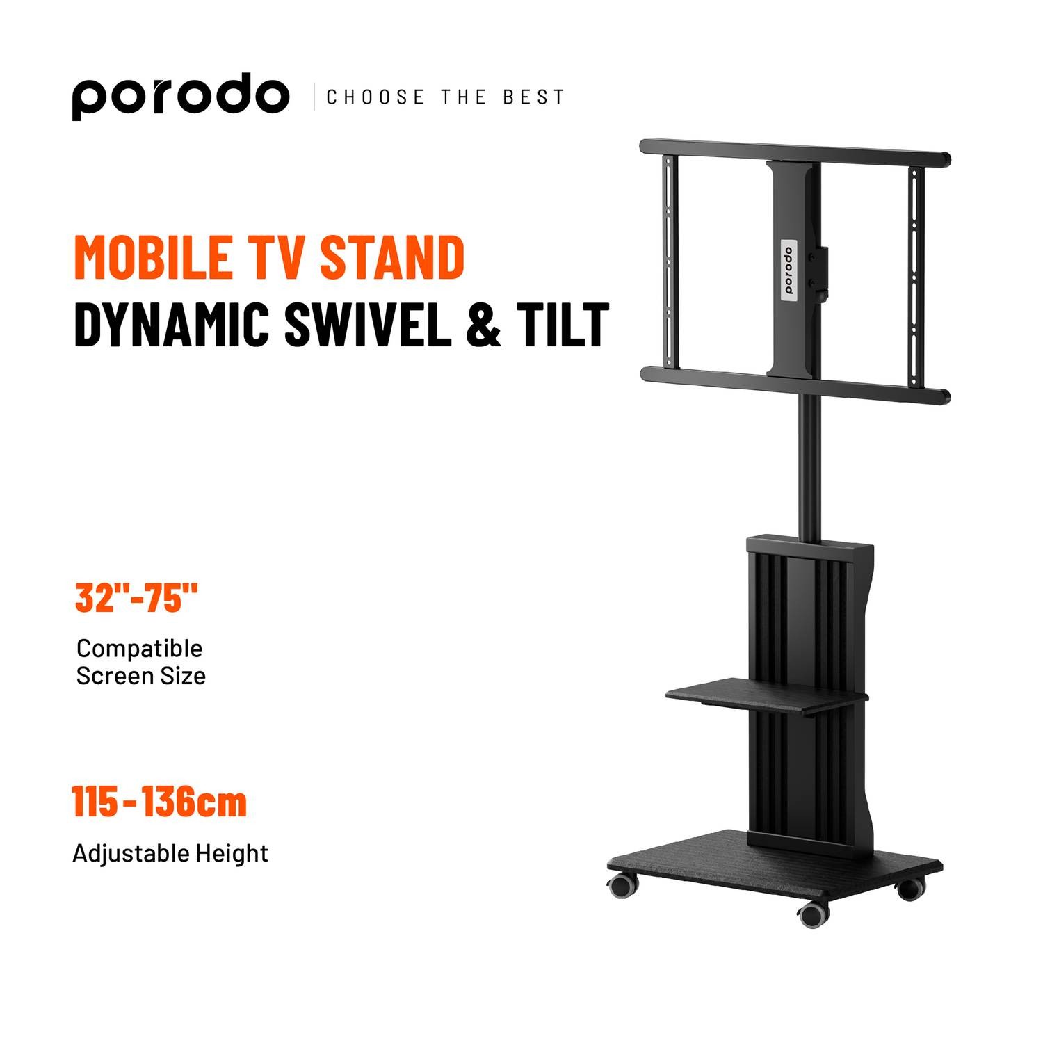 Porodo Mobile TV Stand Dynamic Swivel & Tilt