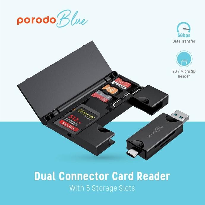 porodo dual connector card reader with 5 storage slots